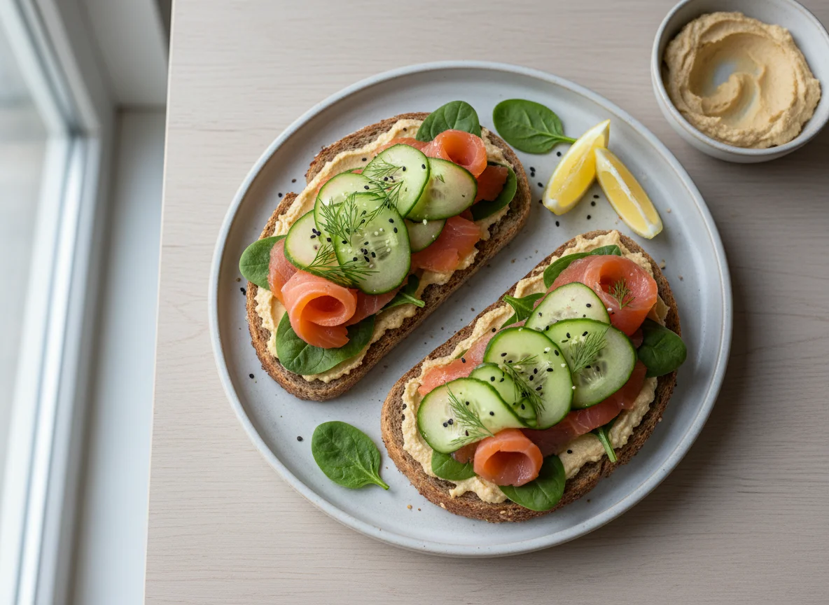 Open sandwiches with hummus, cucumber, and smoked salmon photo