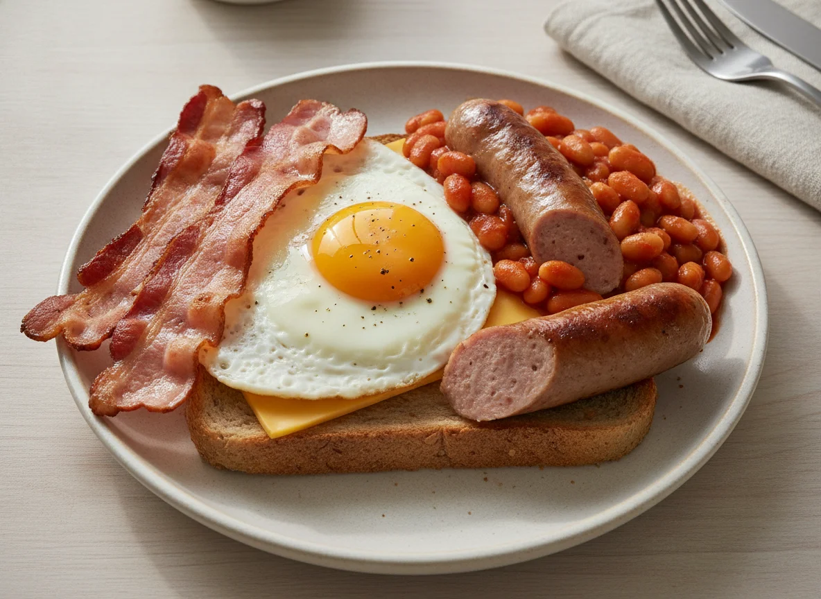 Open-faced breakfast sandwich with bacon, egg, and beans photo