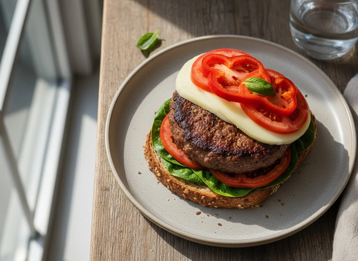 Open-faced burger sandwich photo