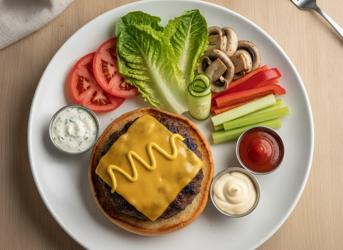 Open-faced burger with fresh vegetables and dip photo