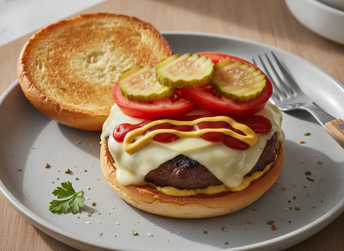 Open-faced Cheeseburger with Pickles and Tomato photo