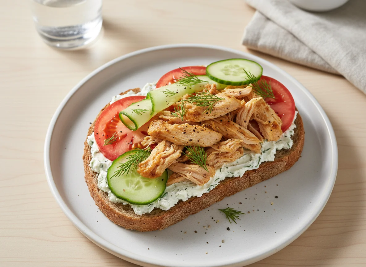 Open-faced chicken and vegetable sandwich photo