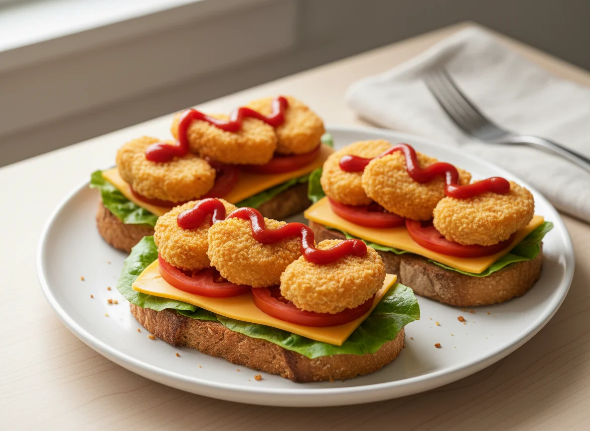 Open-faced chicken nugget sandwiches photo