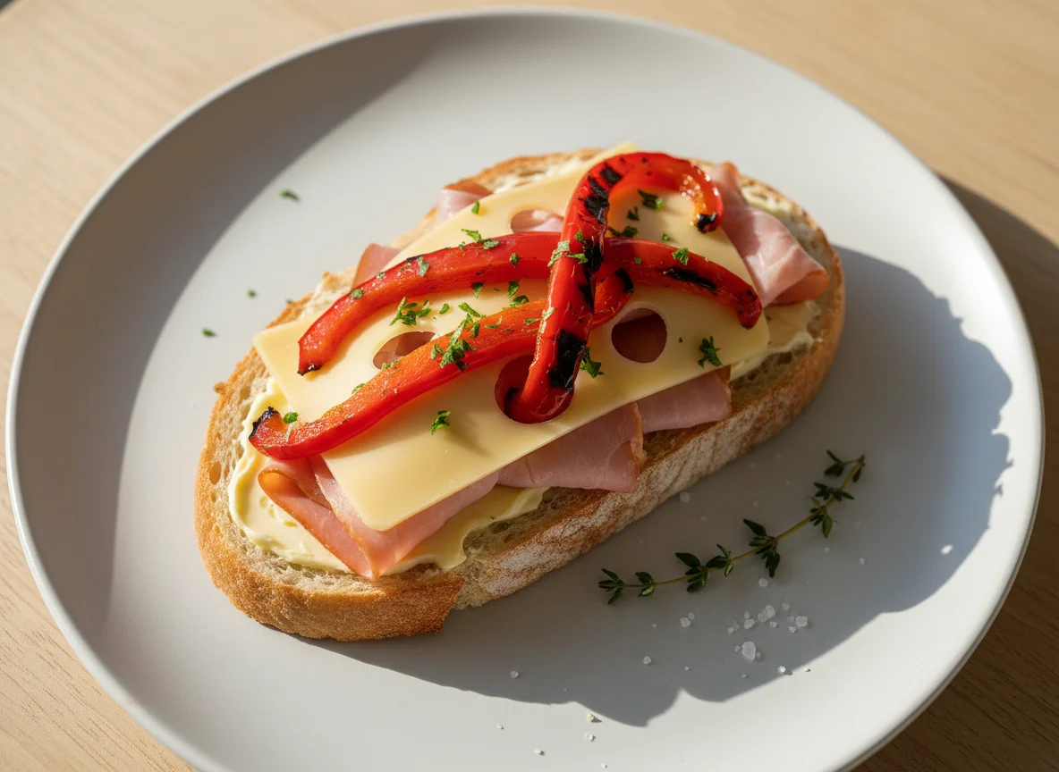Open-faced ham and cheese sandwich photo