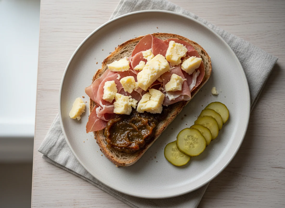 Open-faced ham and cheese sandwich with pickle photo