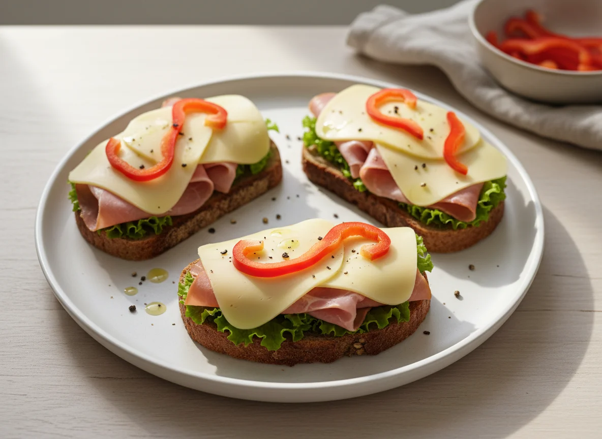 Open-faced ham and cheese sandwiches with bell pepper photo