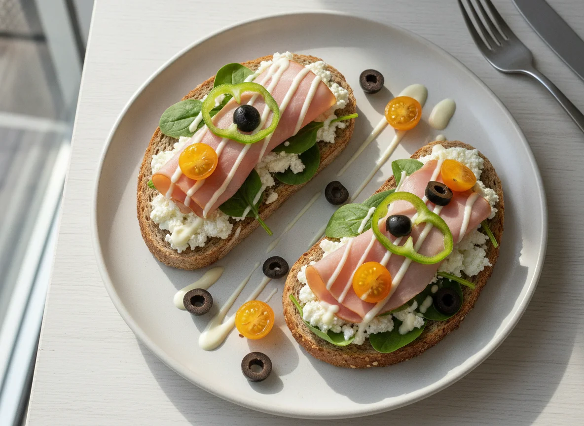 Open-faced ham and cottage cheese sandwiches with salad photo