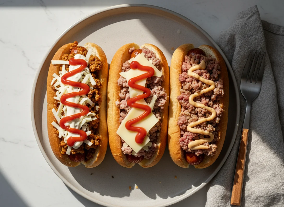 Open-faced hot dog buns with toppings photo