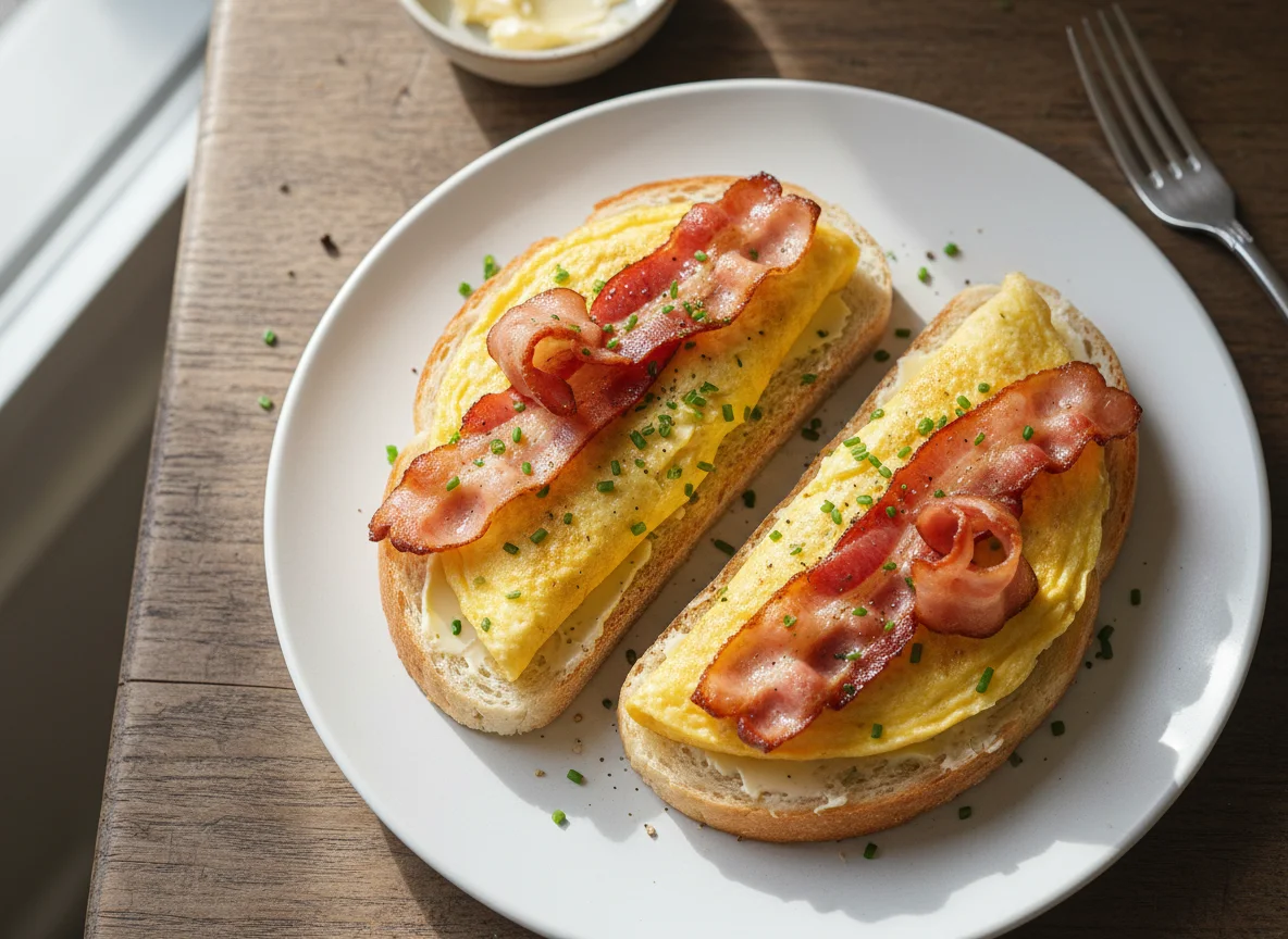 Open-faced omelet and bacon sandwiches photo