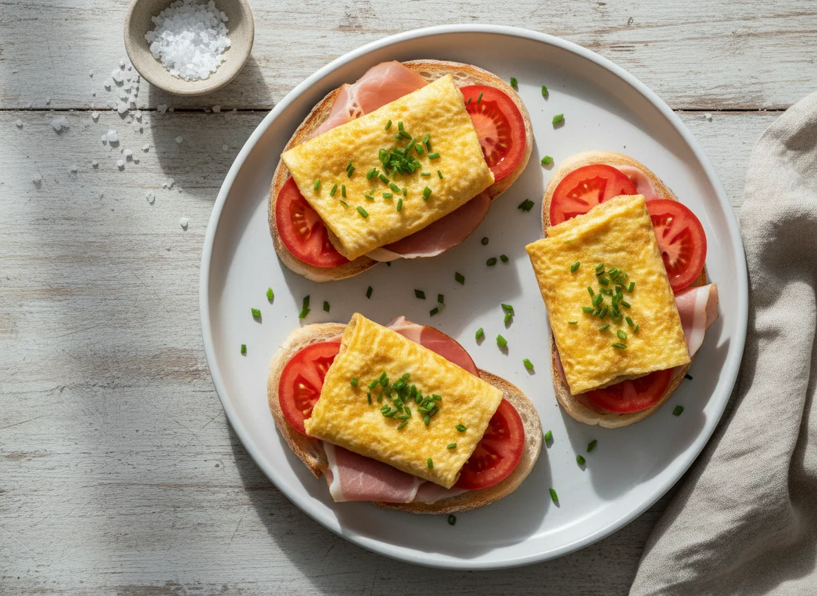 Open-faced omelette and ham sandwiches photo