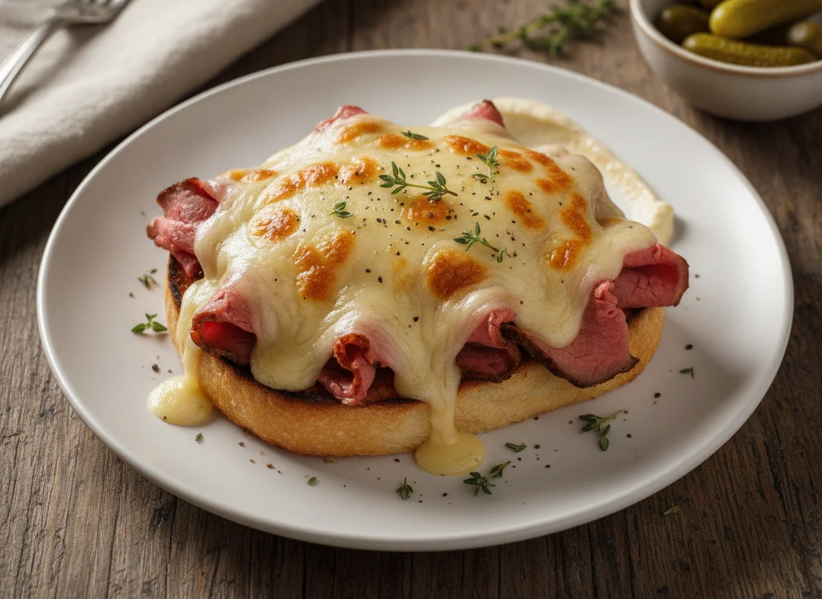 Open-faced Roast Beef and Cheese Sandwich photo