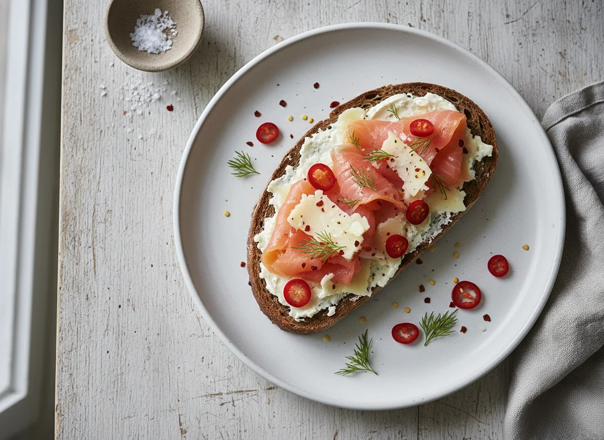 Open-faced salmon and cheese sandwich with chili photo