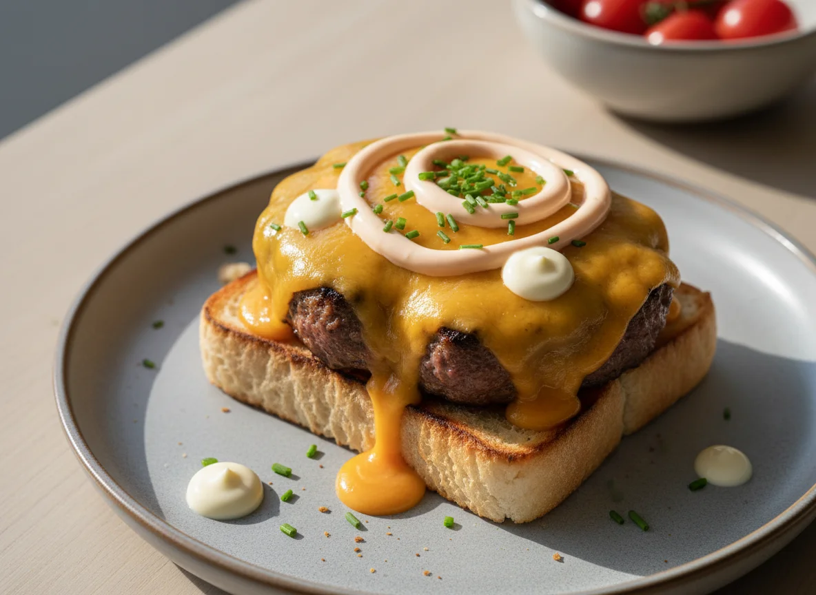 Open-faced sandwich with burger patty and sauces photo