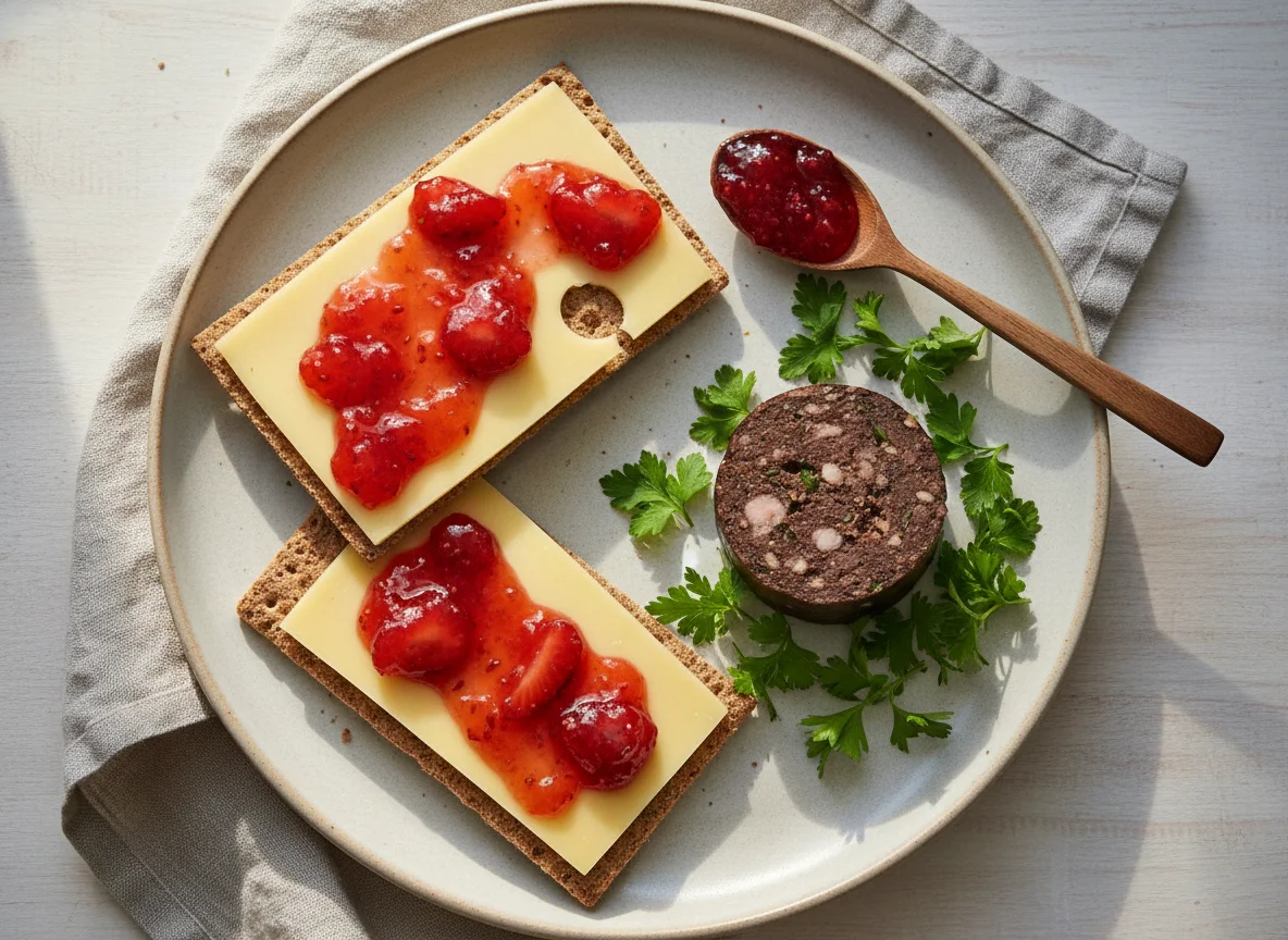 Open-faced sandwich with cheese and jam, with a side of liver sausage photo