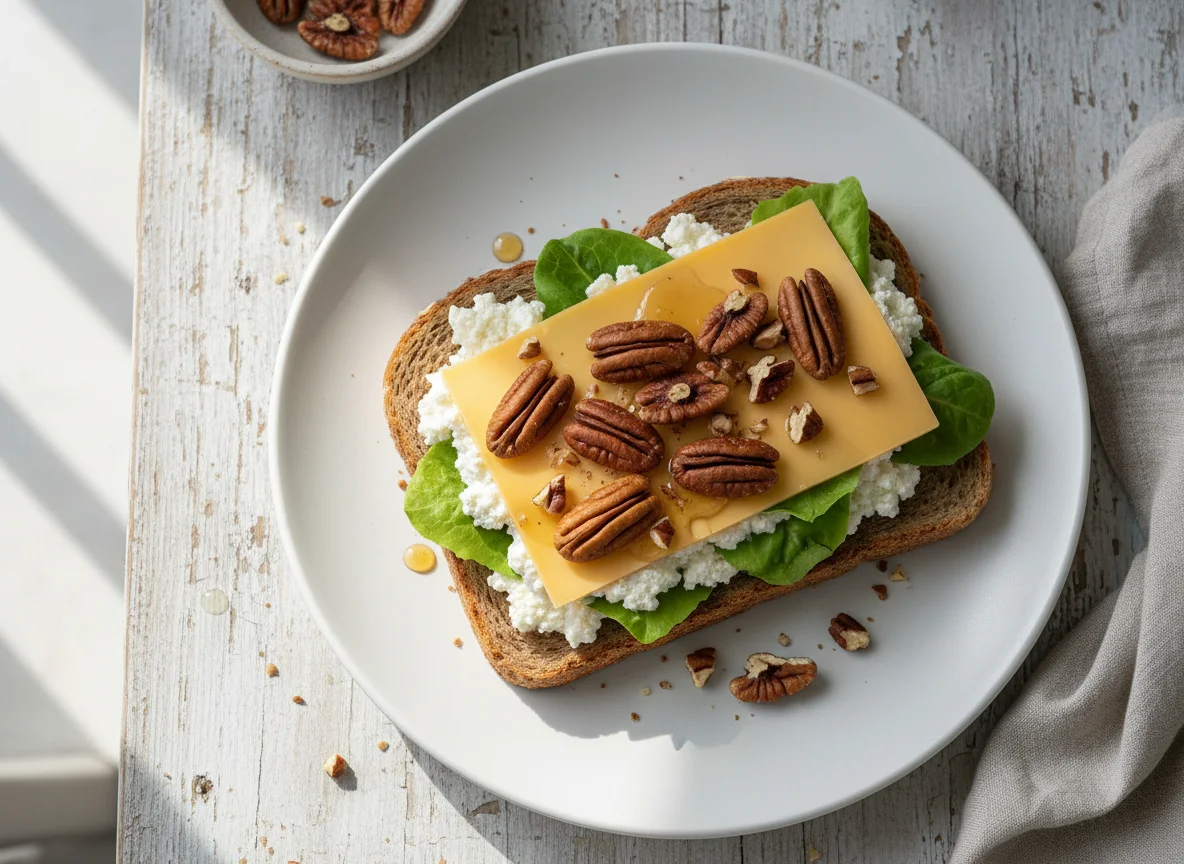 Open-faced sandwich with cheese and pecans photo