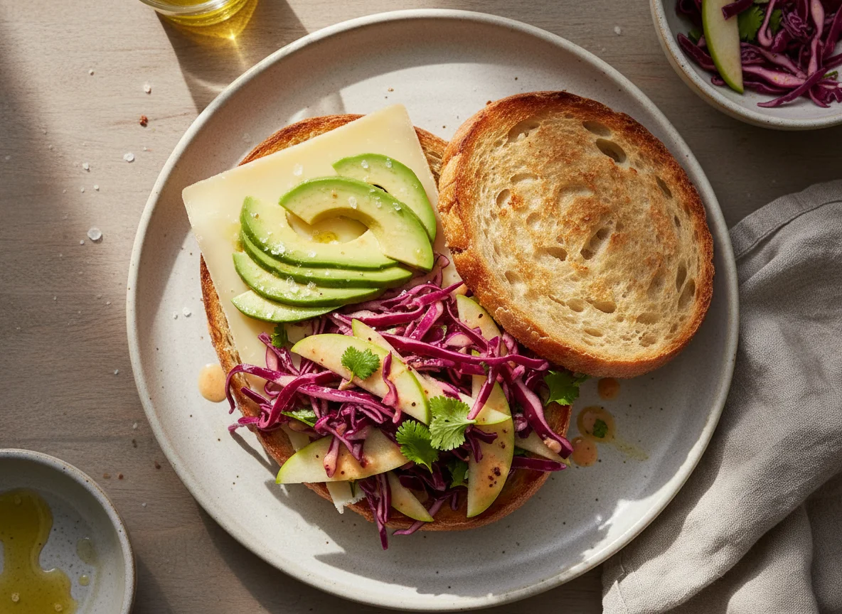 Open-faced sandwich with cheese and red cabbage slaw photo