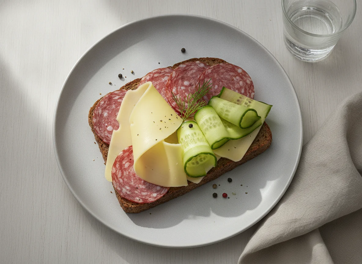 Open-faced sandwich with cheese and salami photo