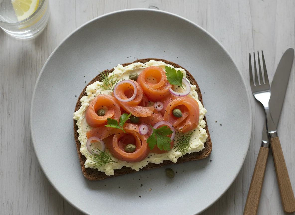 Open-faced sandwich with cheese and salmon photo