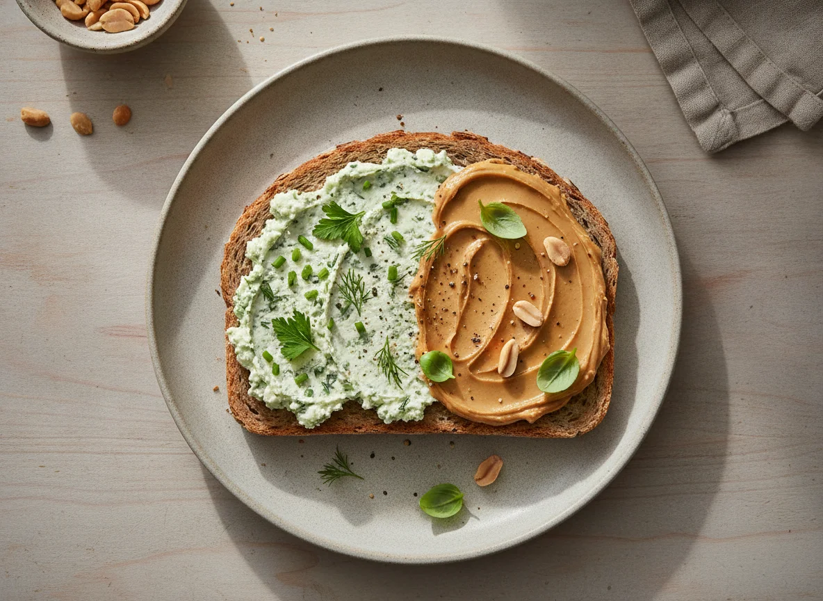 Open-faced sandwich with cheese and spread photo