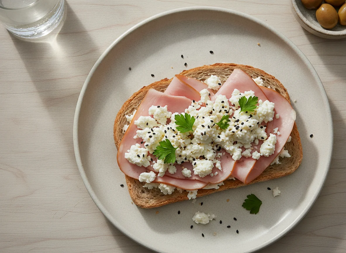 Open-faced sandwich with cheese and turkey ham photo