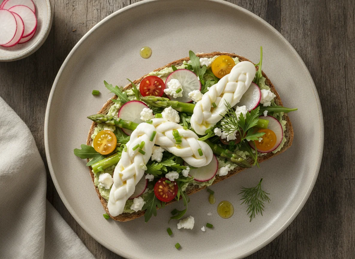 Open-faced sandwich with cheese and vegetable salad photo