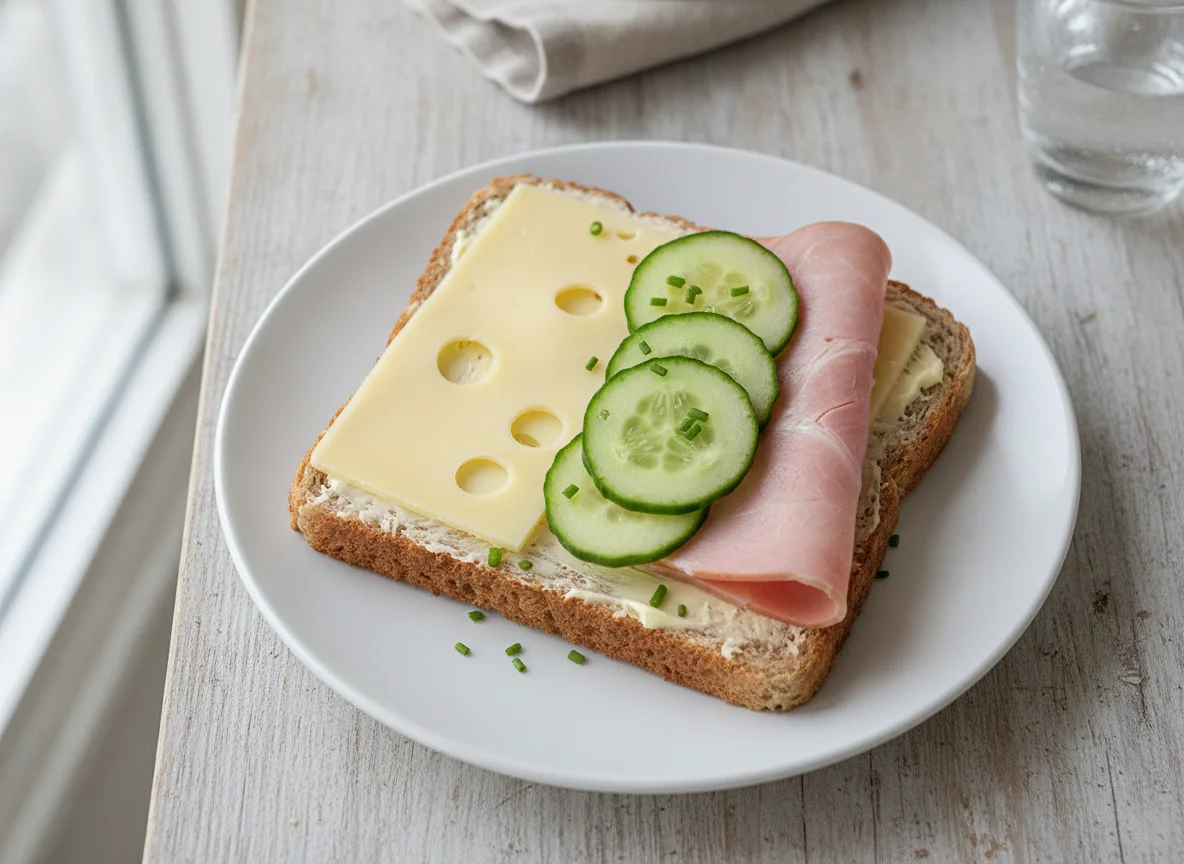 Open-faced sandwich with cheese, ham, and cucumber photo
