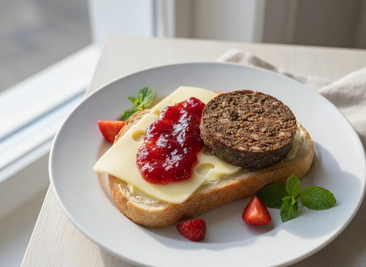 Open-faced sandwich with cheese, jam, and a slice of liver sausage photo