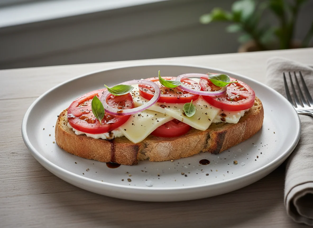Open-faced Sandwich with Cheese, Tomato, and Onion photo