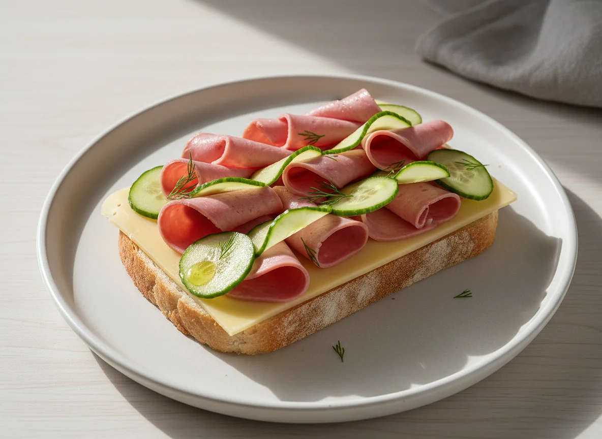 Open-faced sandwich with cold cuts and cucumber photo