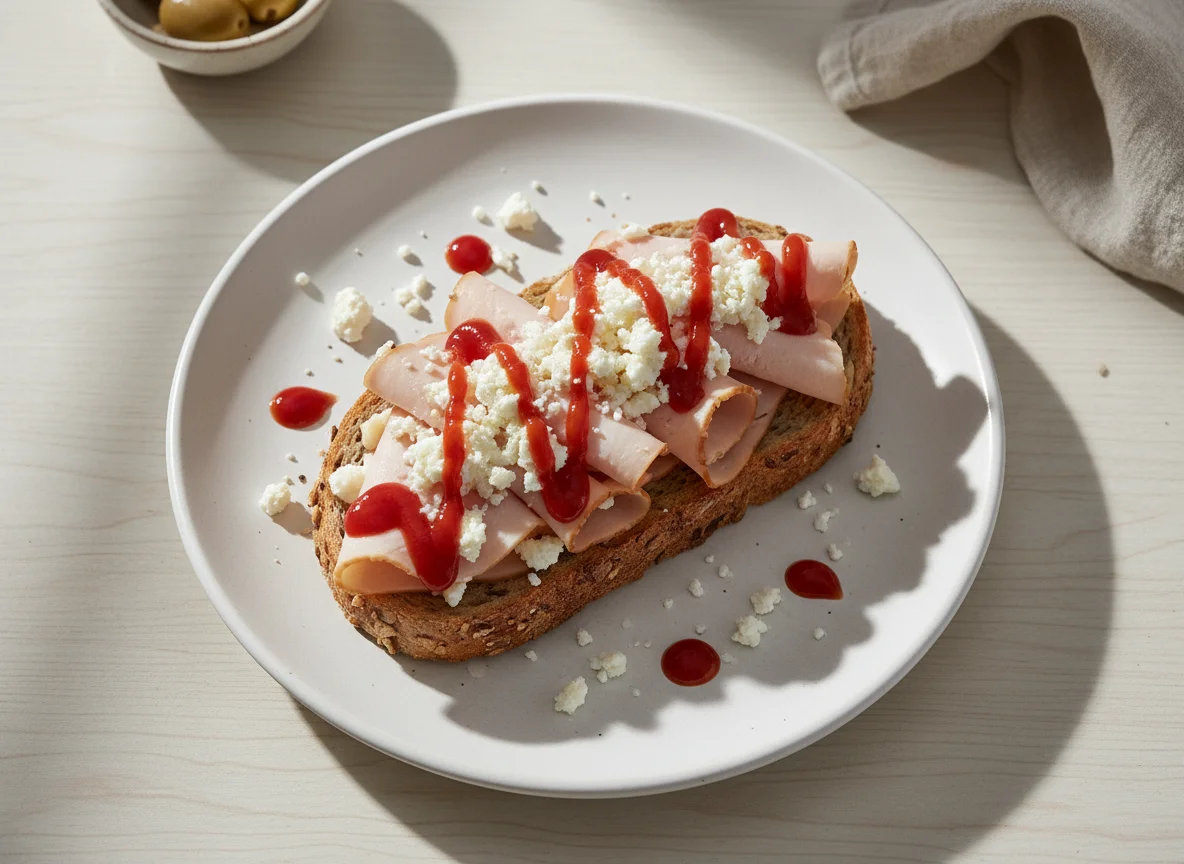 Open-faced sandwich with deli meat and cheese photo