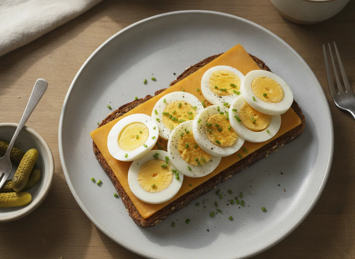 Open-faced sandwich with egg and cheese photo