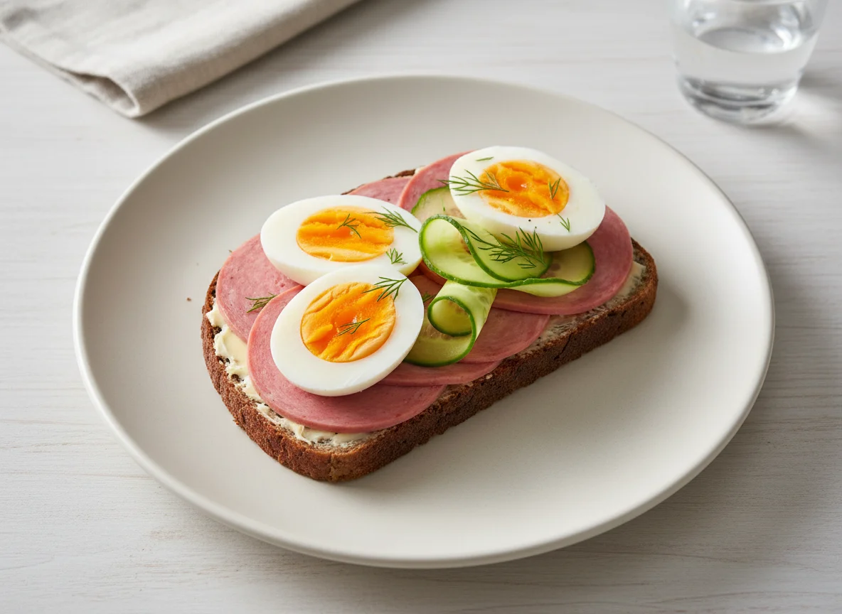 Open-faced sandwich with eggs, sausage, and cucumber photo