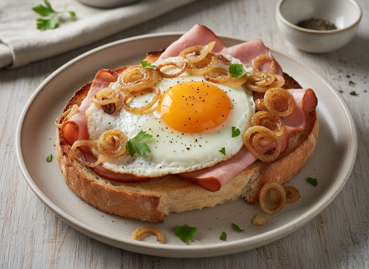 Open-faced sandwich with fried egg, processed meat, and onions photo