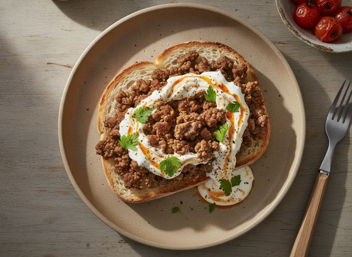 Open-faced sandwich with ground meat and sauce photo