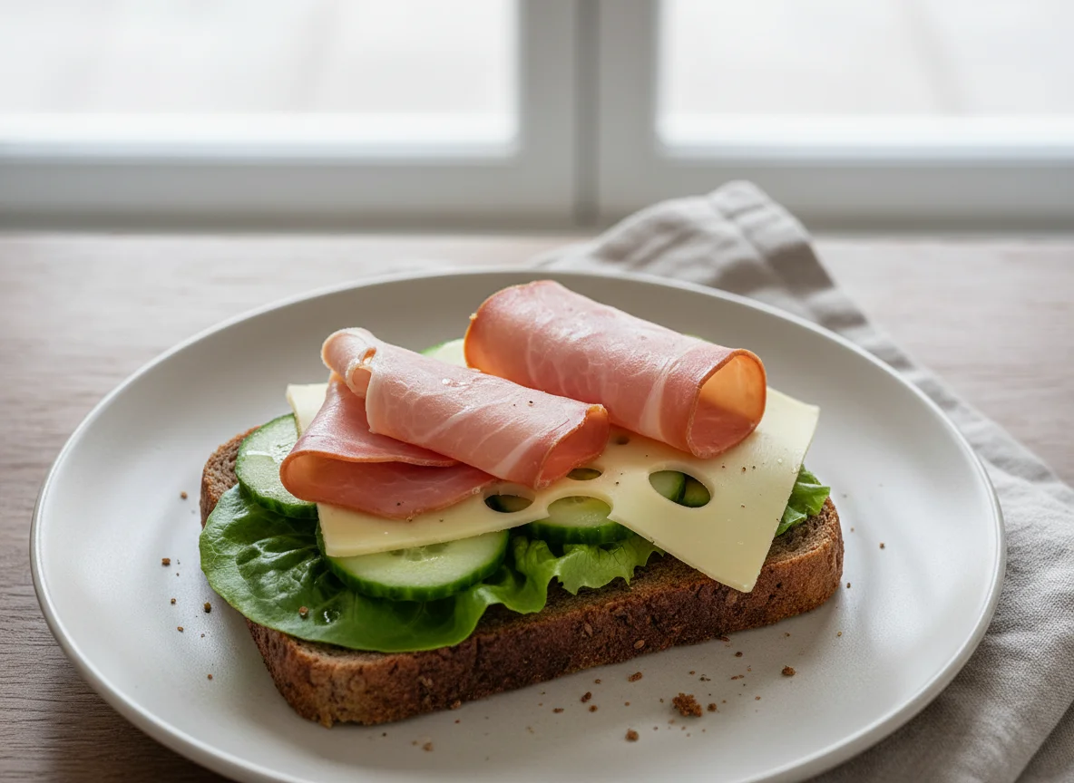 Open-faced sandwich with ham and cheese photo