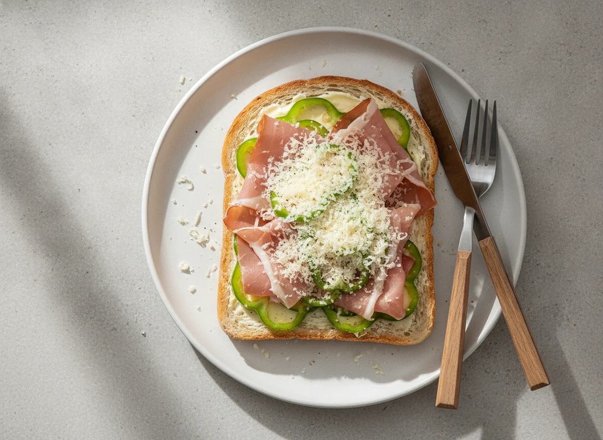 Open-faced sandwich with ham, pepper, and cheese photo