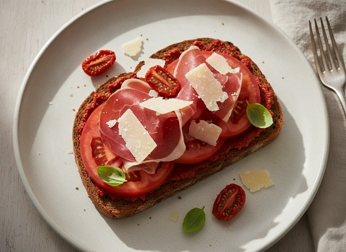 Open-faced sandwich with ham, tomato, and cheese photo