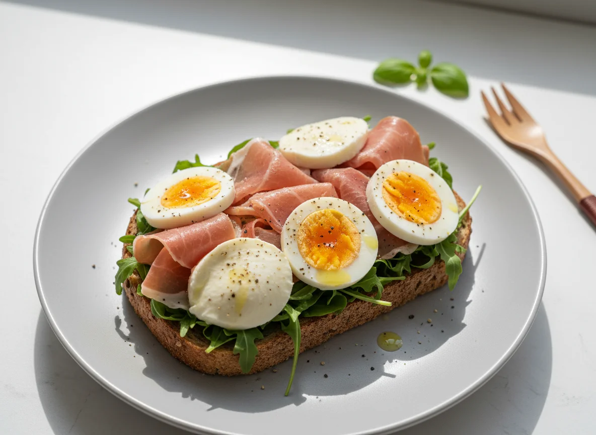 Open-faced sandwich with mozzarella and egg photo