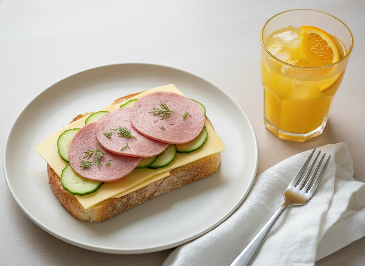 Open-faced sandwich with orange juice photo