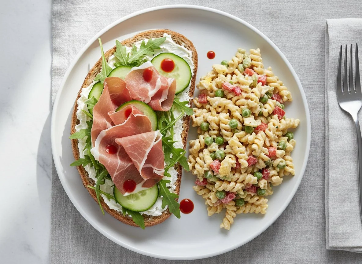 Open-faced sandwich with pasta salad photo