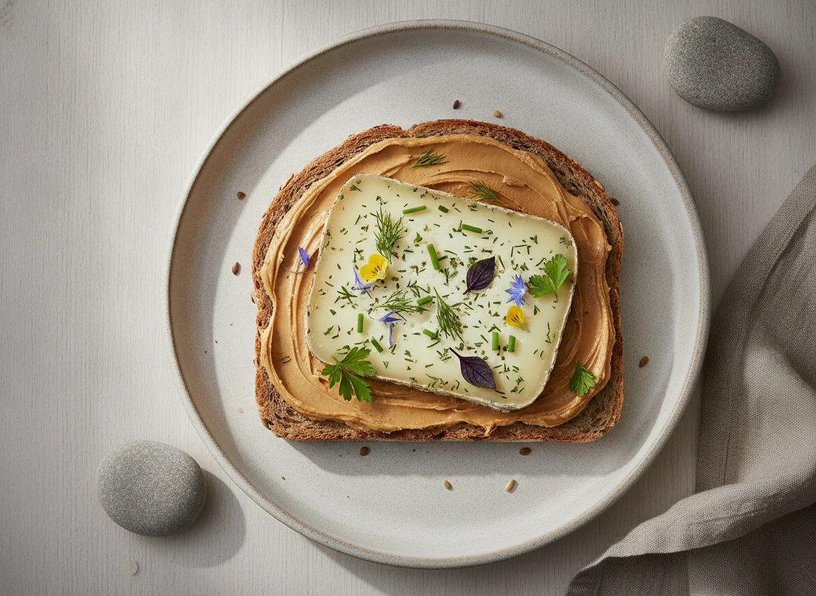 Open-faced sandwich with peanut butter and herb cheese photo