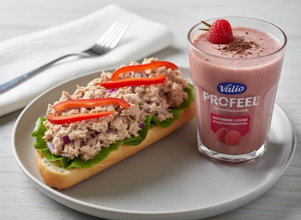 Open-faced sandwich with protein shake photo