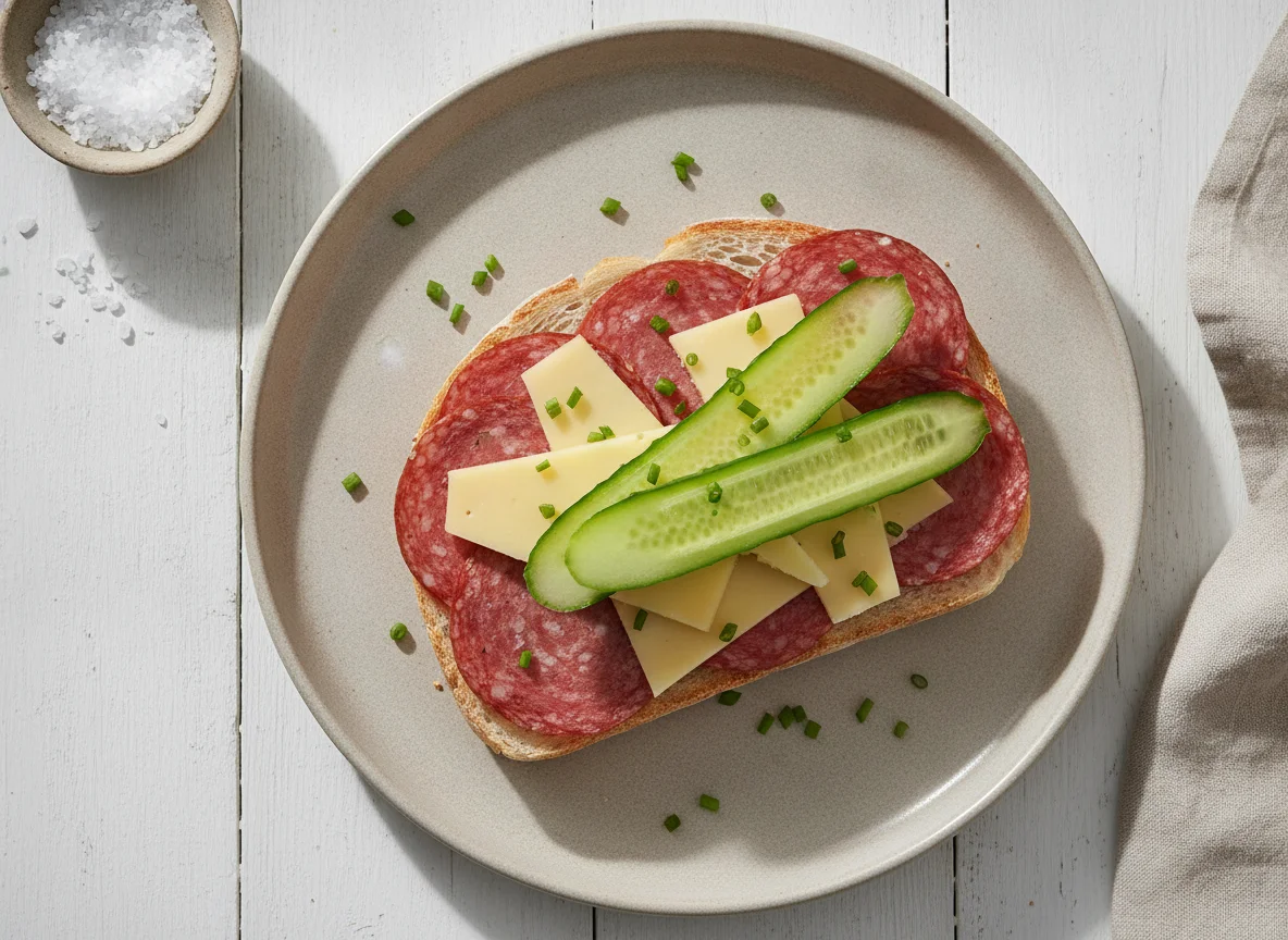 Open-faced sandwich with salami and cheese photo
