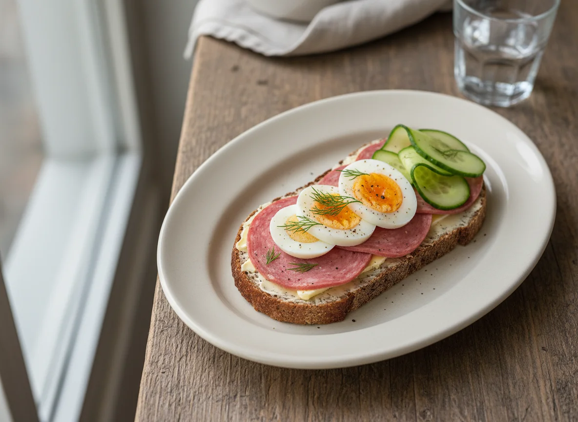 Open-faced sandwich with sausage and egg photo
