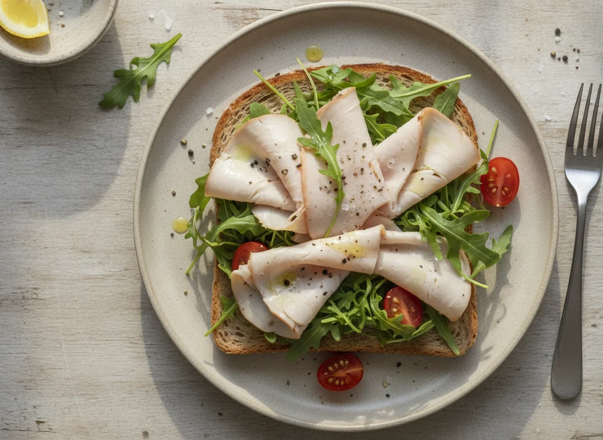 Open-faced sandwich with turkey and arugula photo