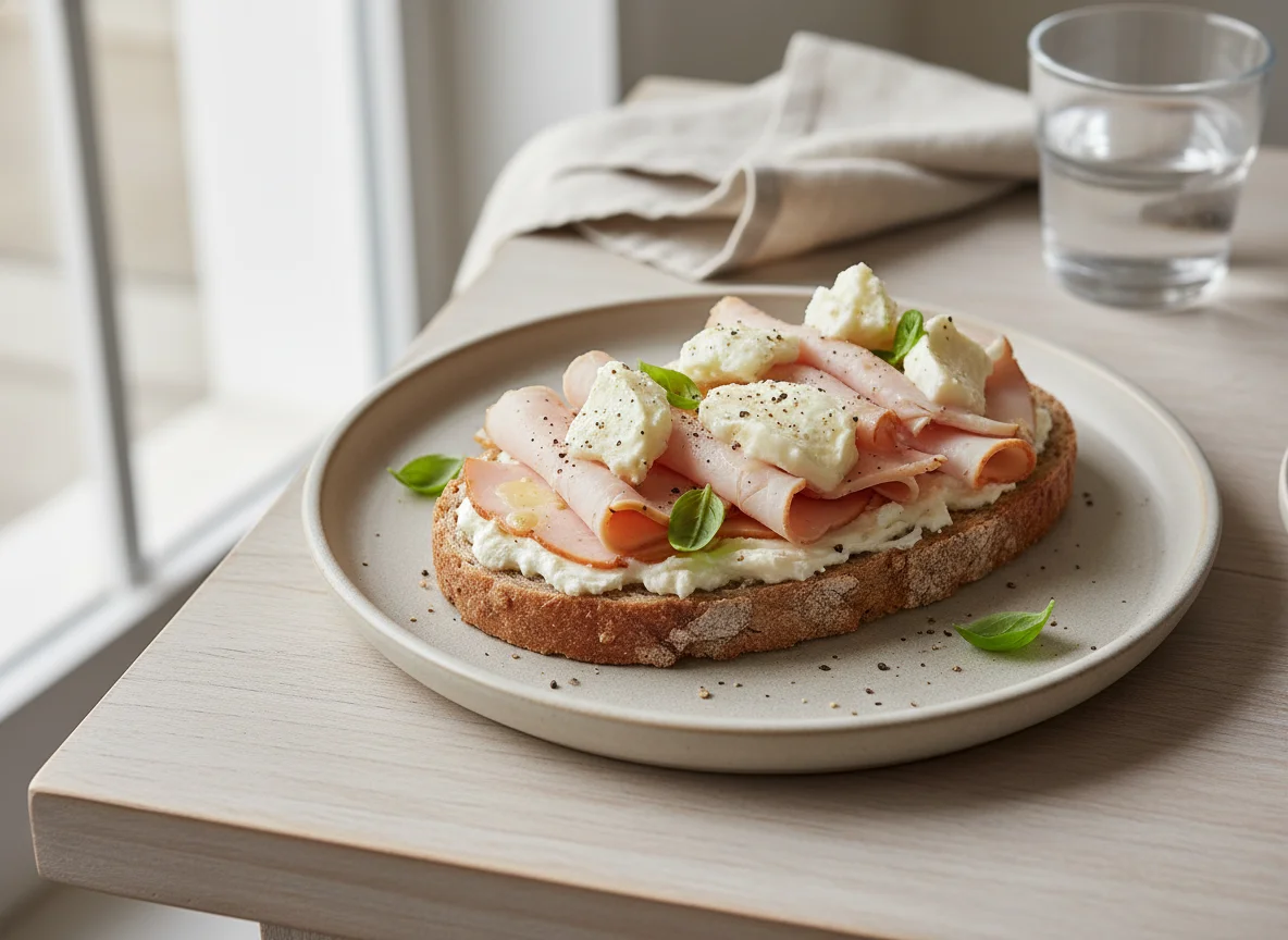 Open-faced sandwich with turkey, cream cheese, and cheese pieces photo