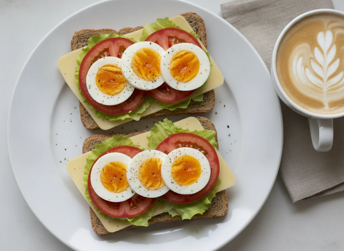 Open-faced sandwiches with boiled eggs and tomatoes photo