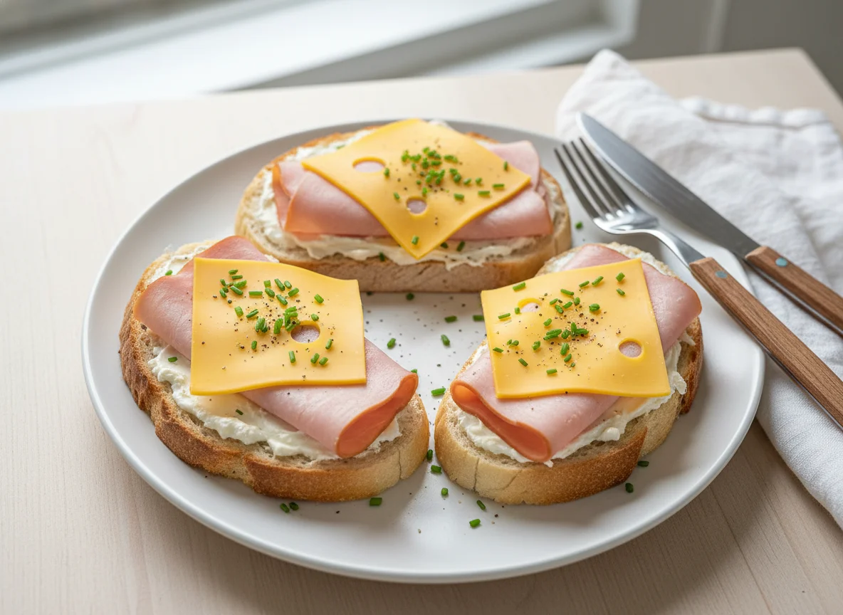 Open-faced sandwiches with cheese and ham photo