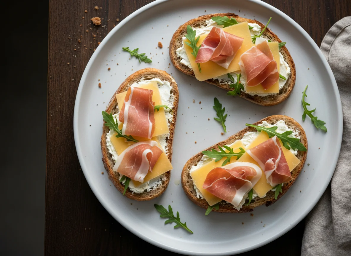 Open-faced sandwiches with cheese and prosciutto photo