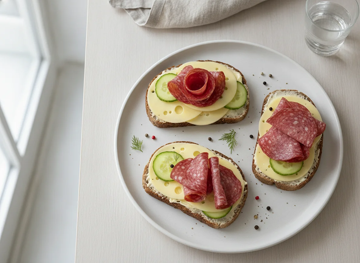 Open-faced sandwiches with cheese and salami photo